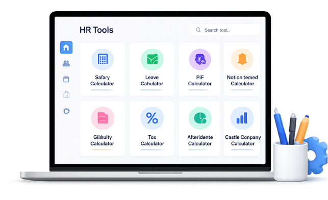 Mewurk HR Tools dashboard with calculators and generators on a laptop